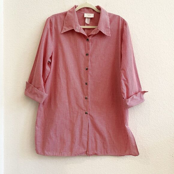 VTG Tofy Red White Gingham Tunic Blouse Top Women Size M Cotton Blend Button Up - Picture 1 of 10